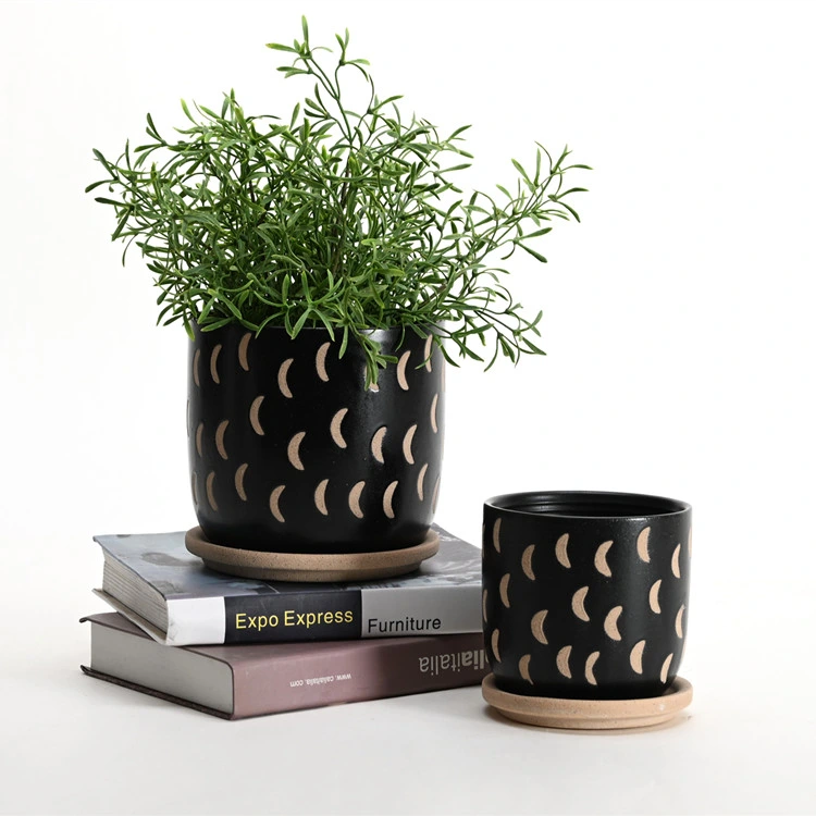 Classic Indoor Ceramic Planter Pot Modern Plant Pots with Wooden Stand